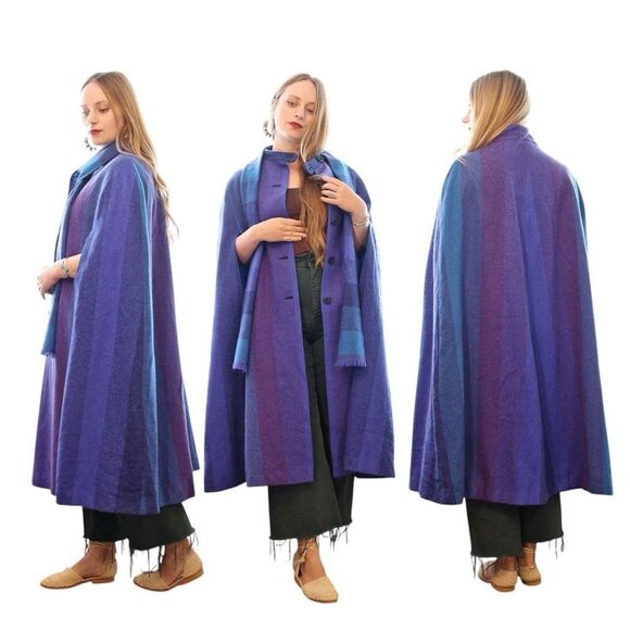 Vintage Avoca Collection Blue Purple Striped 100% Irish Wool Cape Coat Medium - Picture 1 of 11